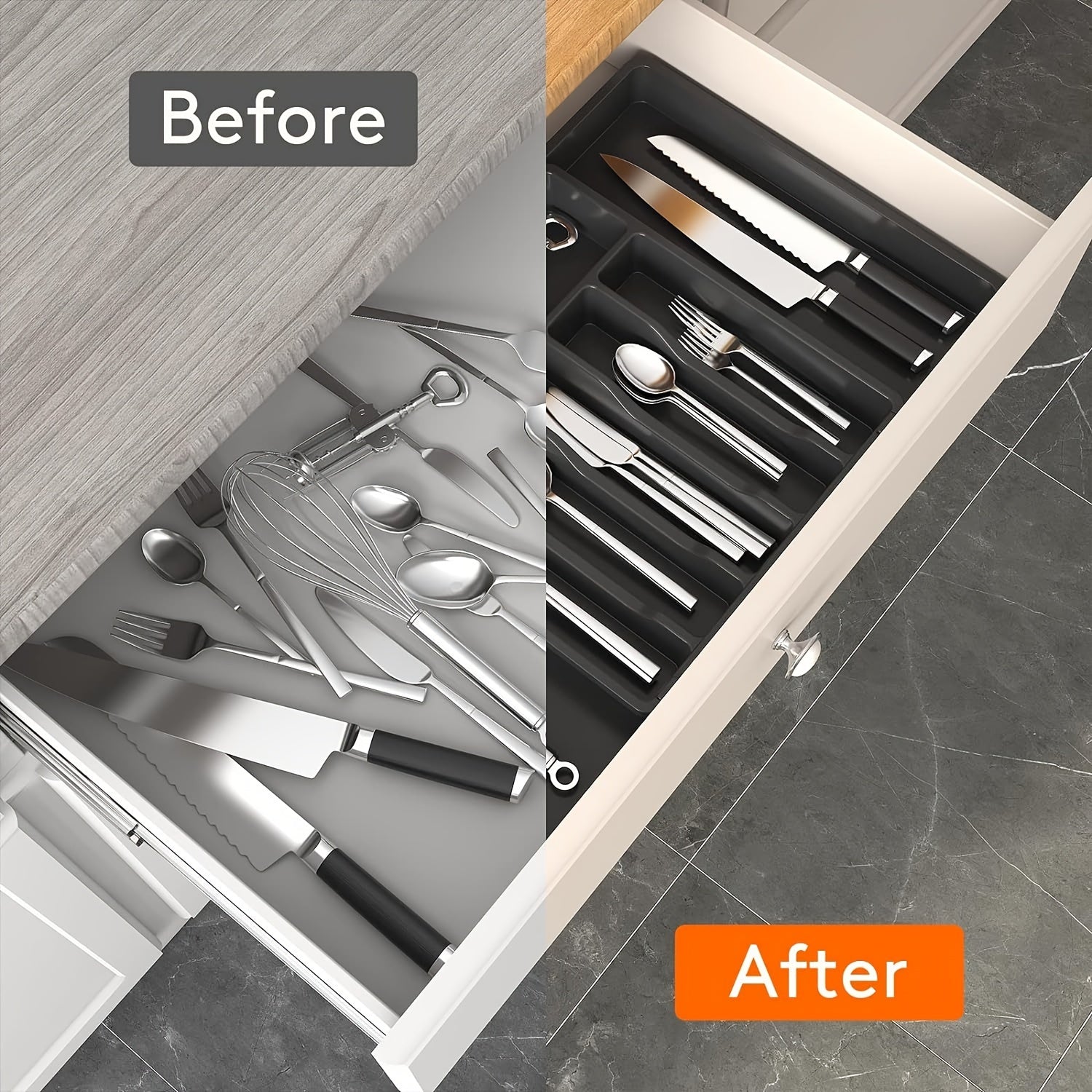 Flatware Organizer with Retractable Cutlery Storage Box, Large Capacity Drawer and Counter Utensil Holder