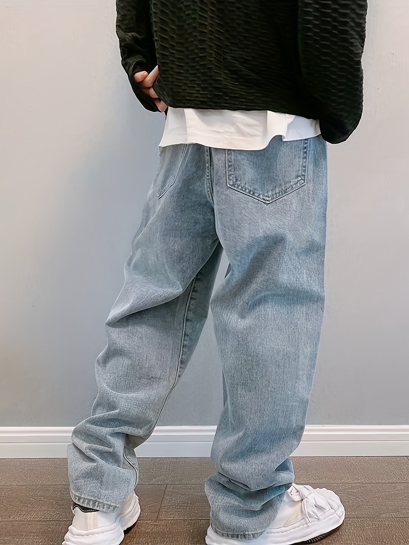 Jeans de algodón de pierna ancha para hombre con bolsillos, tiro medio, corte holgado, para todas las estaciones