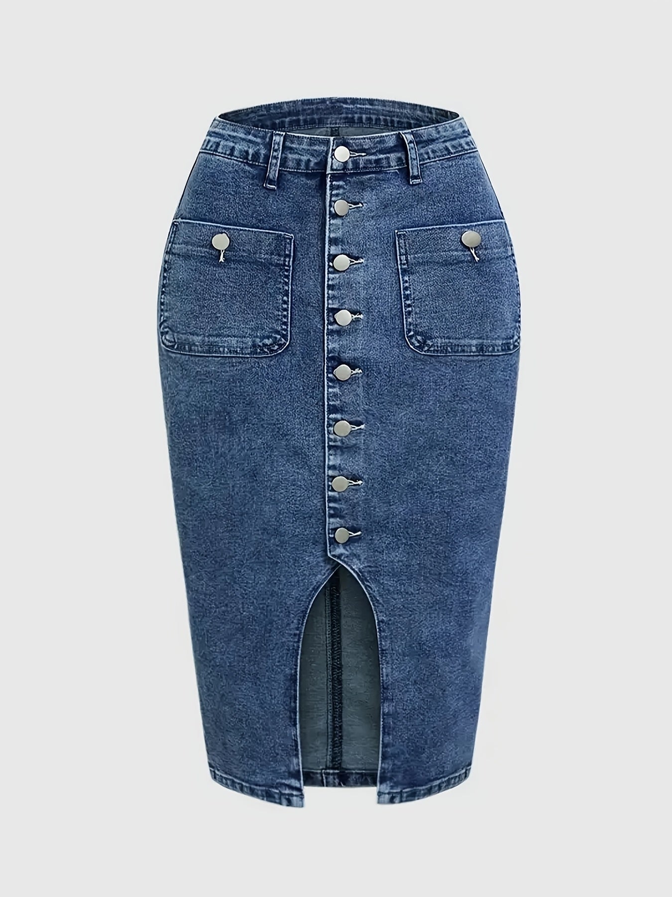 Women's Denim Skirt Midi Length Blue Button Front Side Slit Casual Stretch Autumn