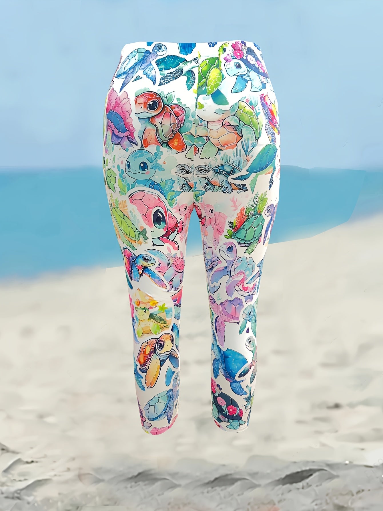 Women's Plus Size High-Waisted 7/8 Leggings Vibrant Sea Turtle Print Stretchy Non-See-Through Yoga Pants