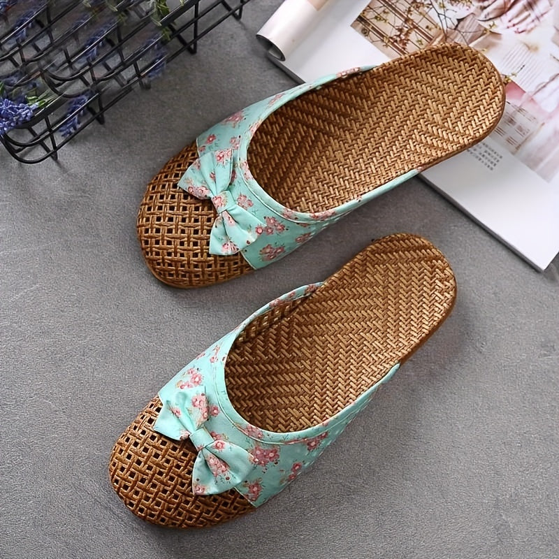 Women's Summer Straw Indoor Slippers Non-Slip Thick Sole Floor Linen