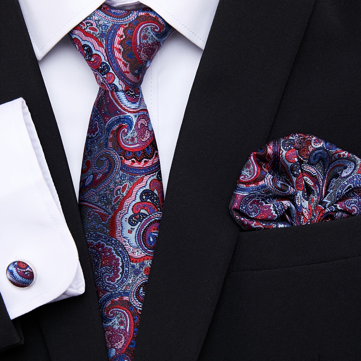 Men's Blue Jacquard Floral Tie Set with Pocket Square and Cufflinks for Weddings and Formal Events