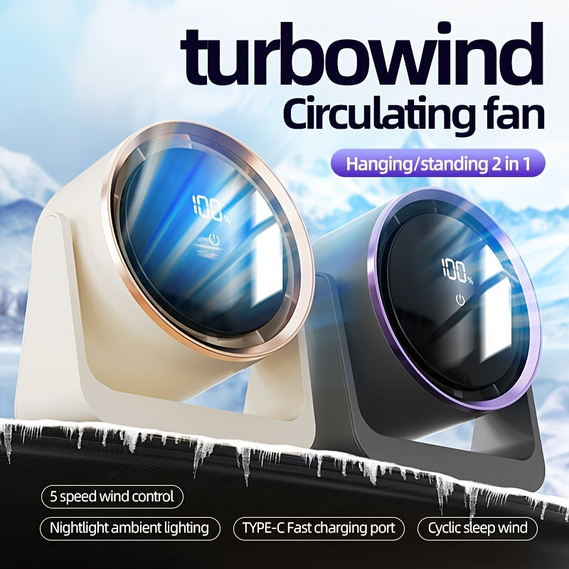 Portable LED fan with touch screen control 5-speed adjustable digital display USB rechargeable compact design indoor outdoor use