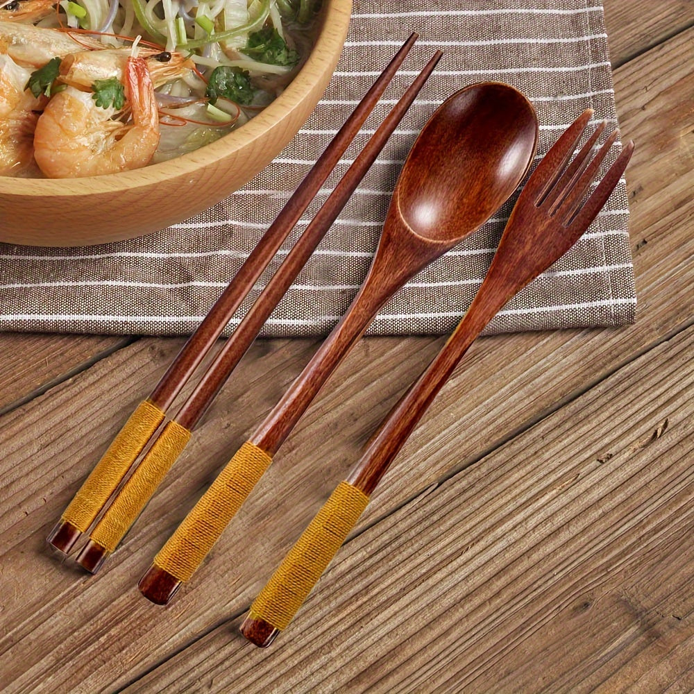 3-Piece Wooden Cutlery Set Spoon Fork Chopsticks Handcrafted Lightweight Durable Kitchen Utensils