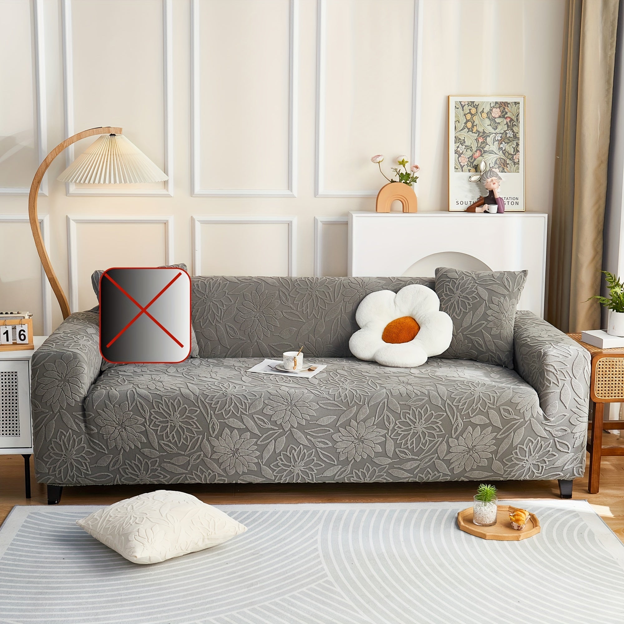 Camellia Jacquard Sofa Cover with Elastic Band and Matching Pillowcase Fits All Sizes Machine Washable