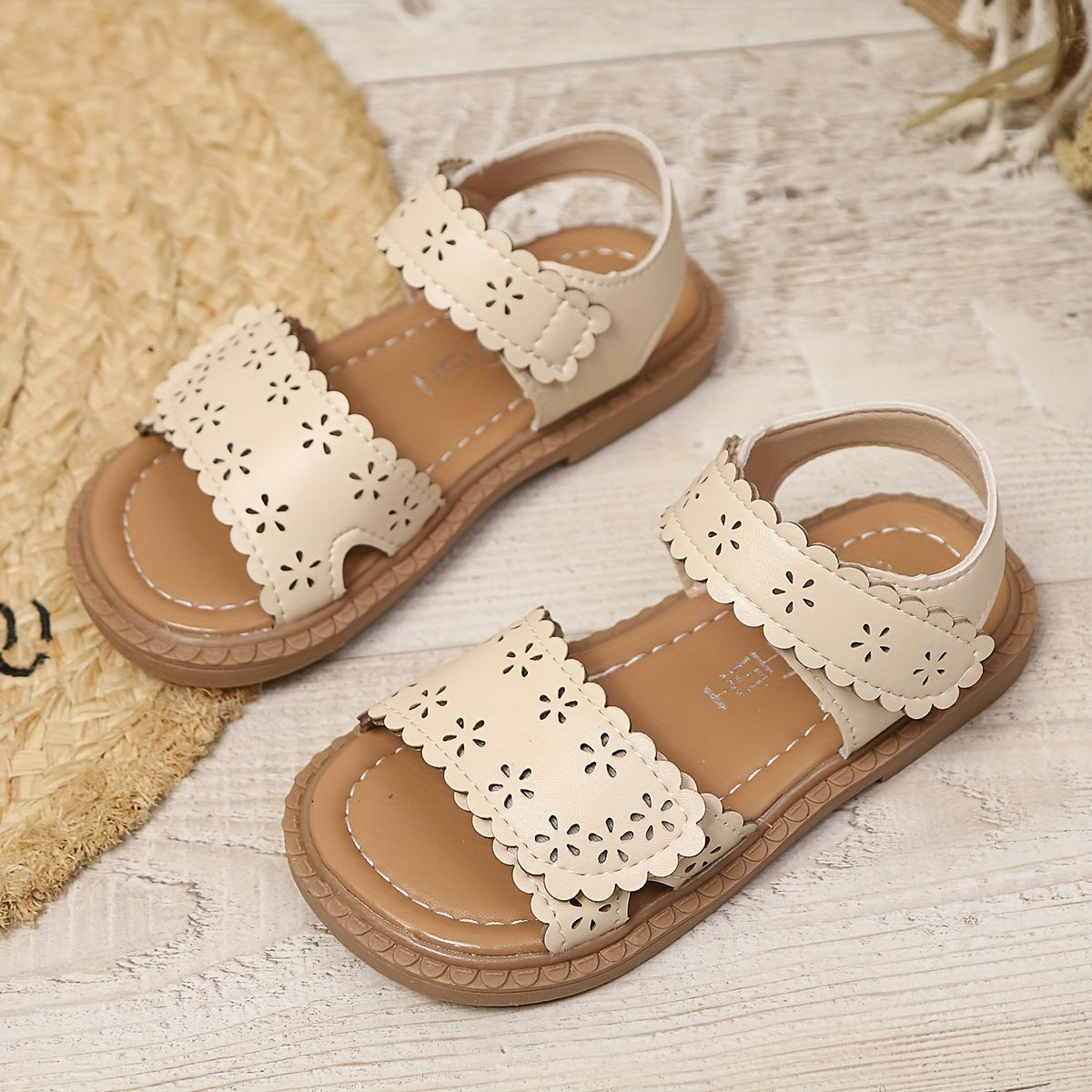 Girls Summer Sandals Breathable Lightweight Floral Cut-Out Beige Rubber Sole