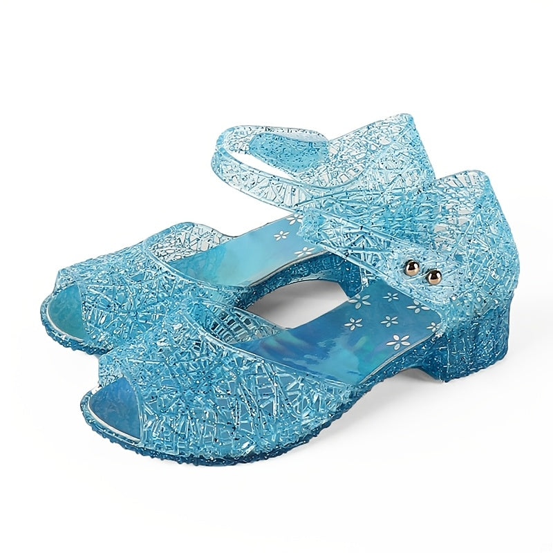 Girls' Sparkling Blue Crystal Sandals Mid Heel Breathable PVC for Parties and Daily Wear