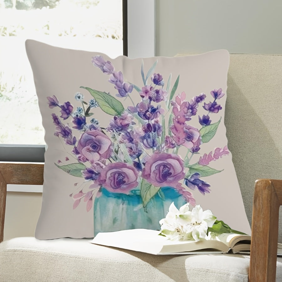 Purple Floral Pillow Cover 44.98cm Square Single-Sided Zip Washable for Couch Sofa Bed