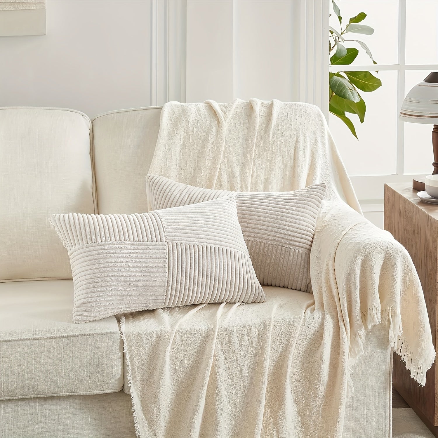 Bohemian Style Corduroy Throw Pillow Covers 2-Pack 45.72x45.72 cm Zippered Polyester Square Cushion Cases for Sofa Bed