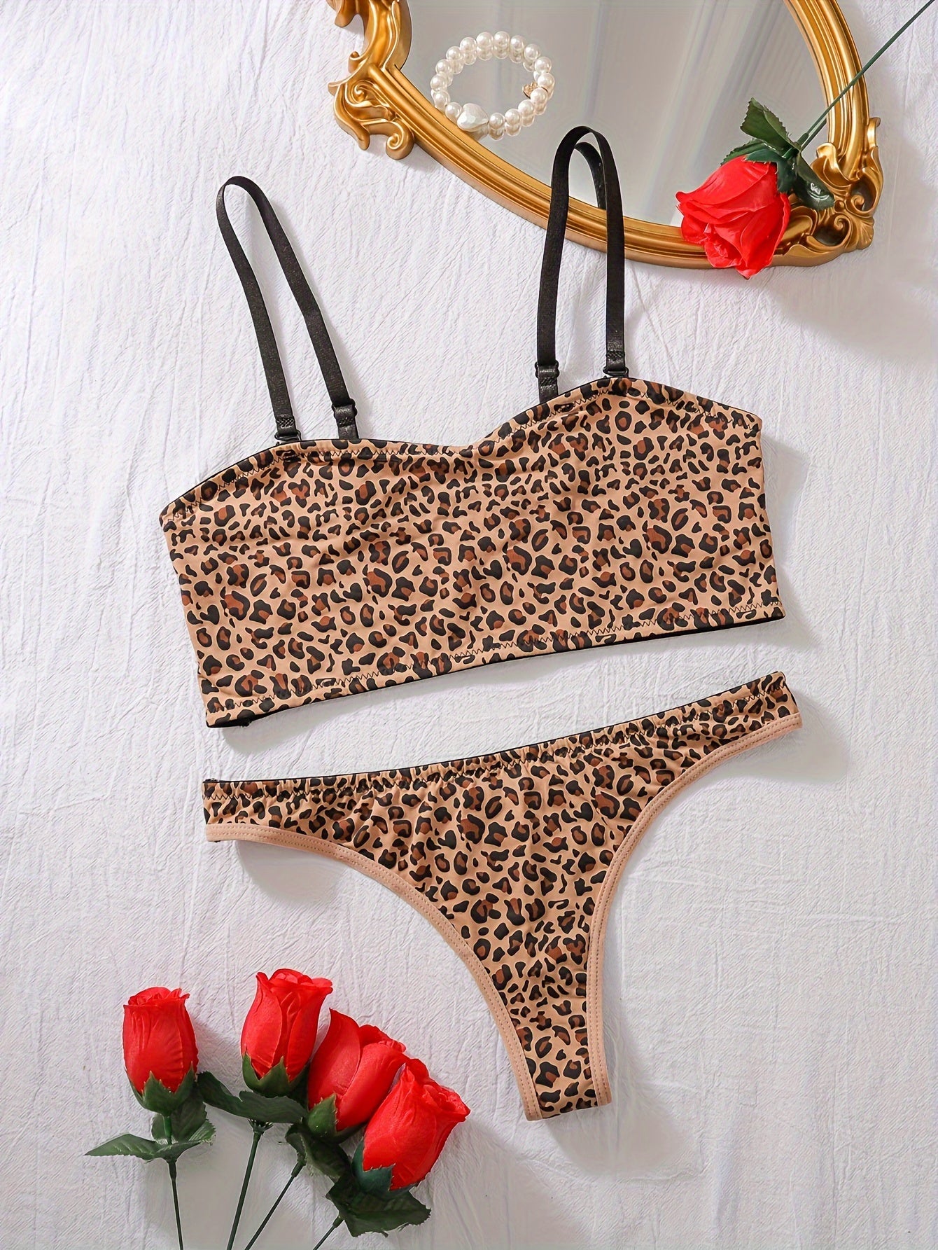 Women's Leopard Print Lingerie Set Nylon Blend No Padding Machine Washable