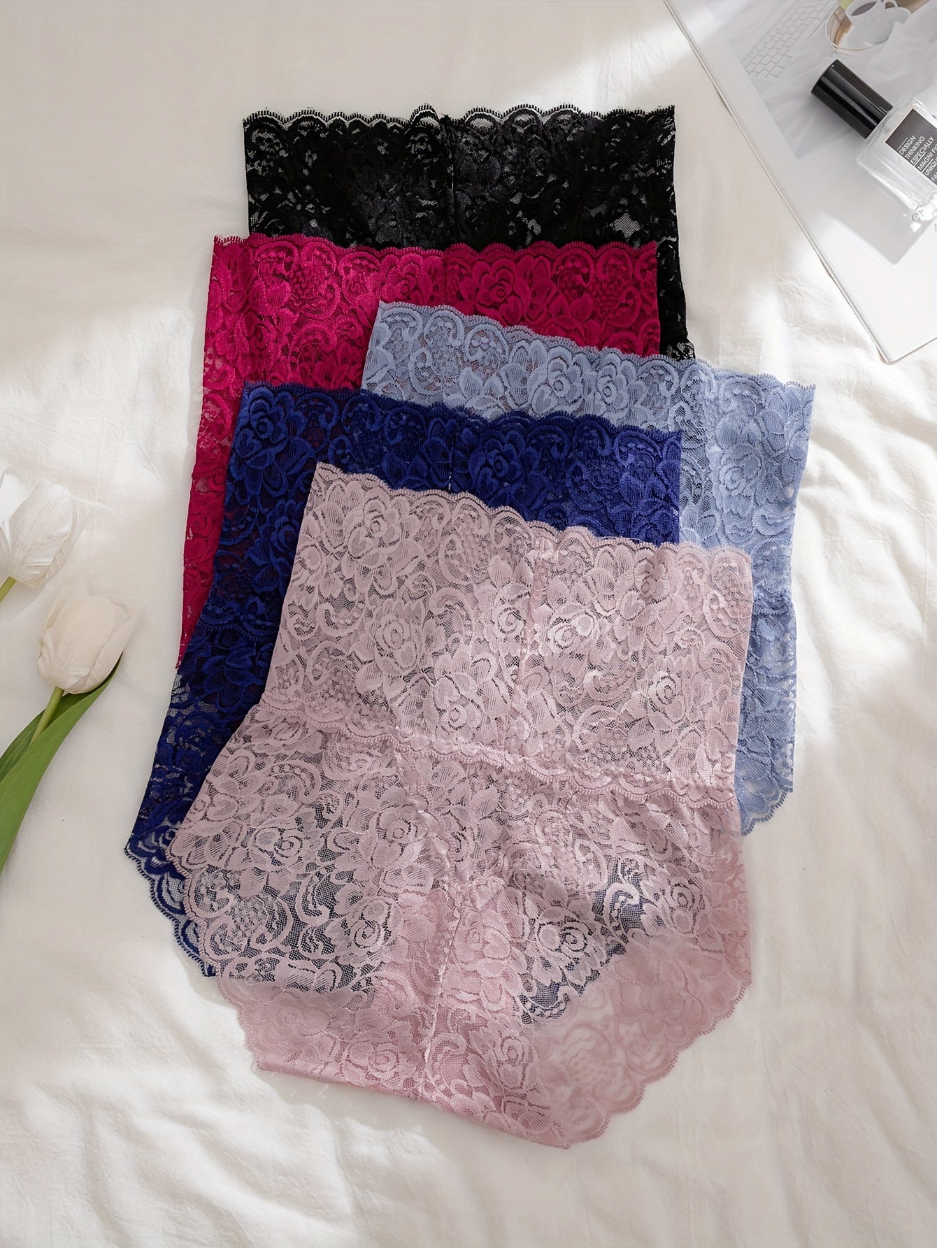 Women's High Waist Floral Lace Briefs Set of 5 Breathable Seamless Panties for Women