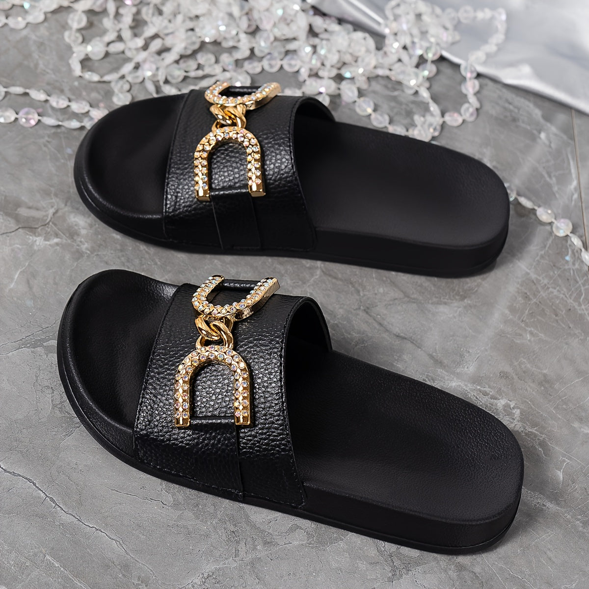 Women's Lightweight Slip-On Open Toe Slide Sandals with Rhinestones