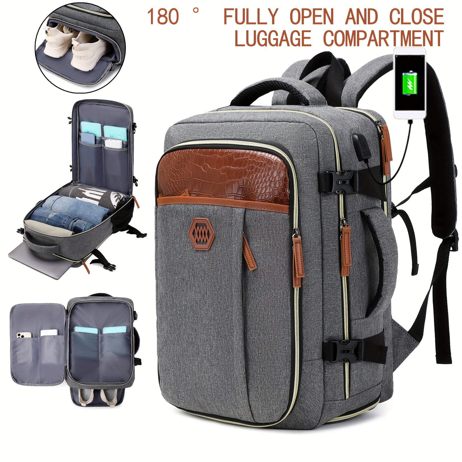 Men's Travel Backpack with Shoe Compartment USB Charging Port 15.6 Inch Laptop Bag for Business and College