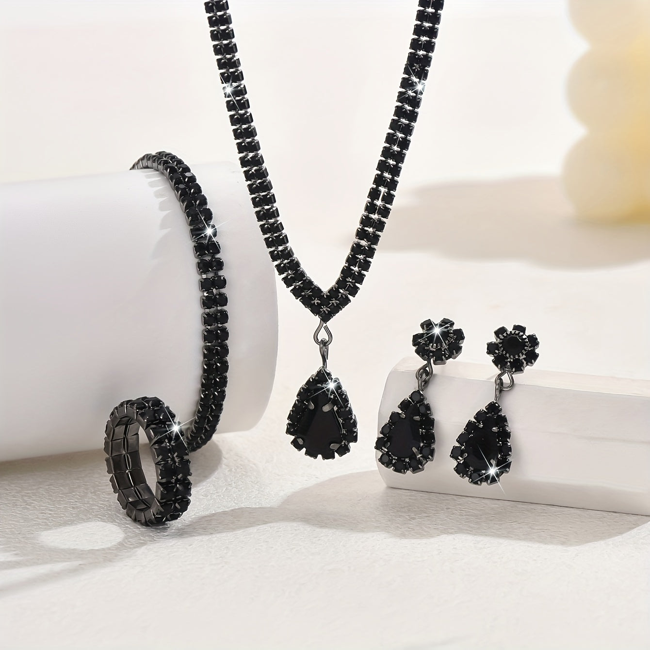 Silver-Plated Copper Jewelry Set with Rhinestones Necklace Bracelet Earrings Ring for Weddings and Parties