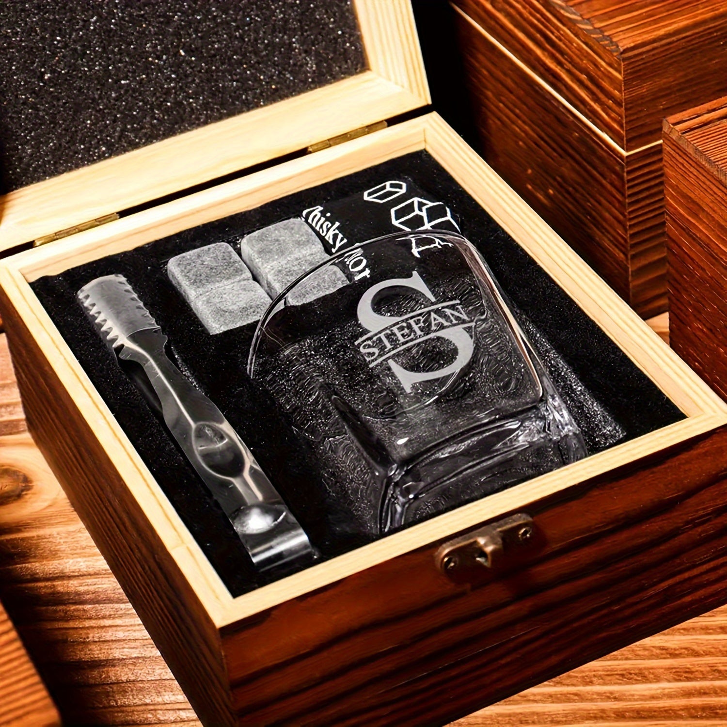 Set of 4 Personalized Whiskey Glasses with Wooden Box Gift Set for Groomsmen Fathers and Bachelors