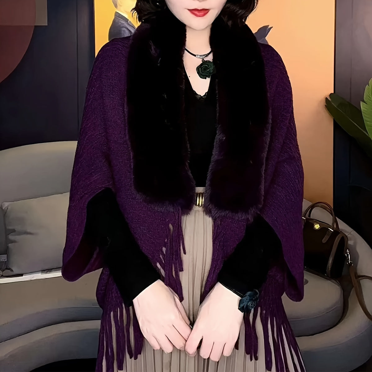 Women's Faux Fur Collar Shawl Thick Polyester Jacquard Tassels Windproof Casual