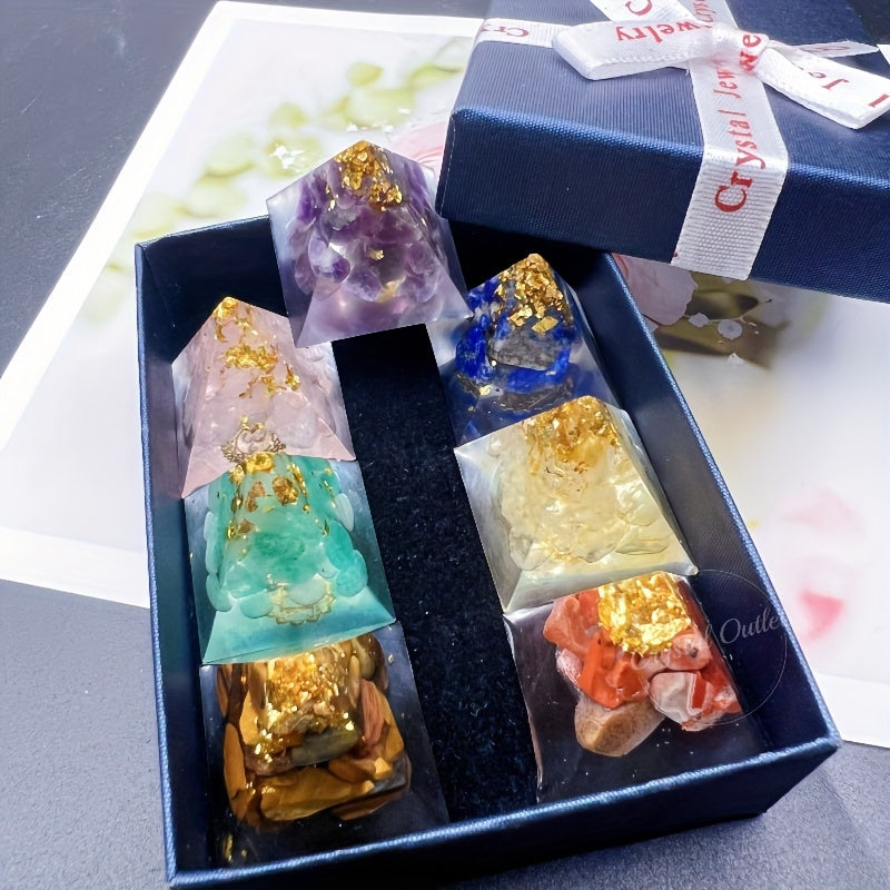 Set of 7 Natural Crystal Orgone Mini Pyramids in Gift Box Reiki Healing Gemstone Resin Decor