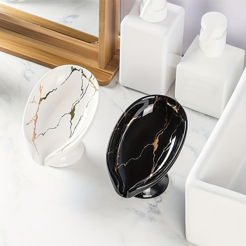 Marble-Patterned Ceramic Leaf-Shaped Soap Dish with Self-Draining Feature