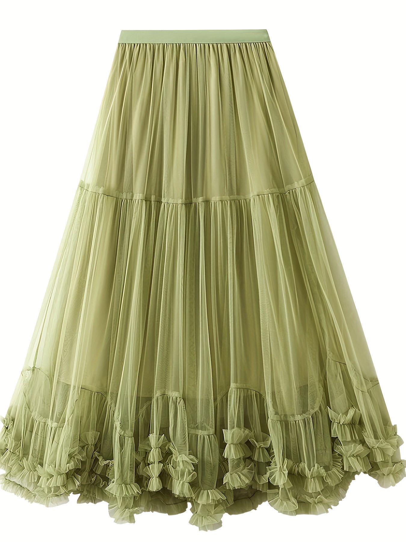 High-Waist Slimming Mesh Skirt with Ruffles Long A-Line Elegant Polyester
