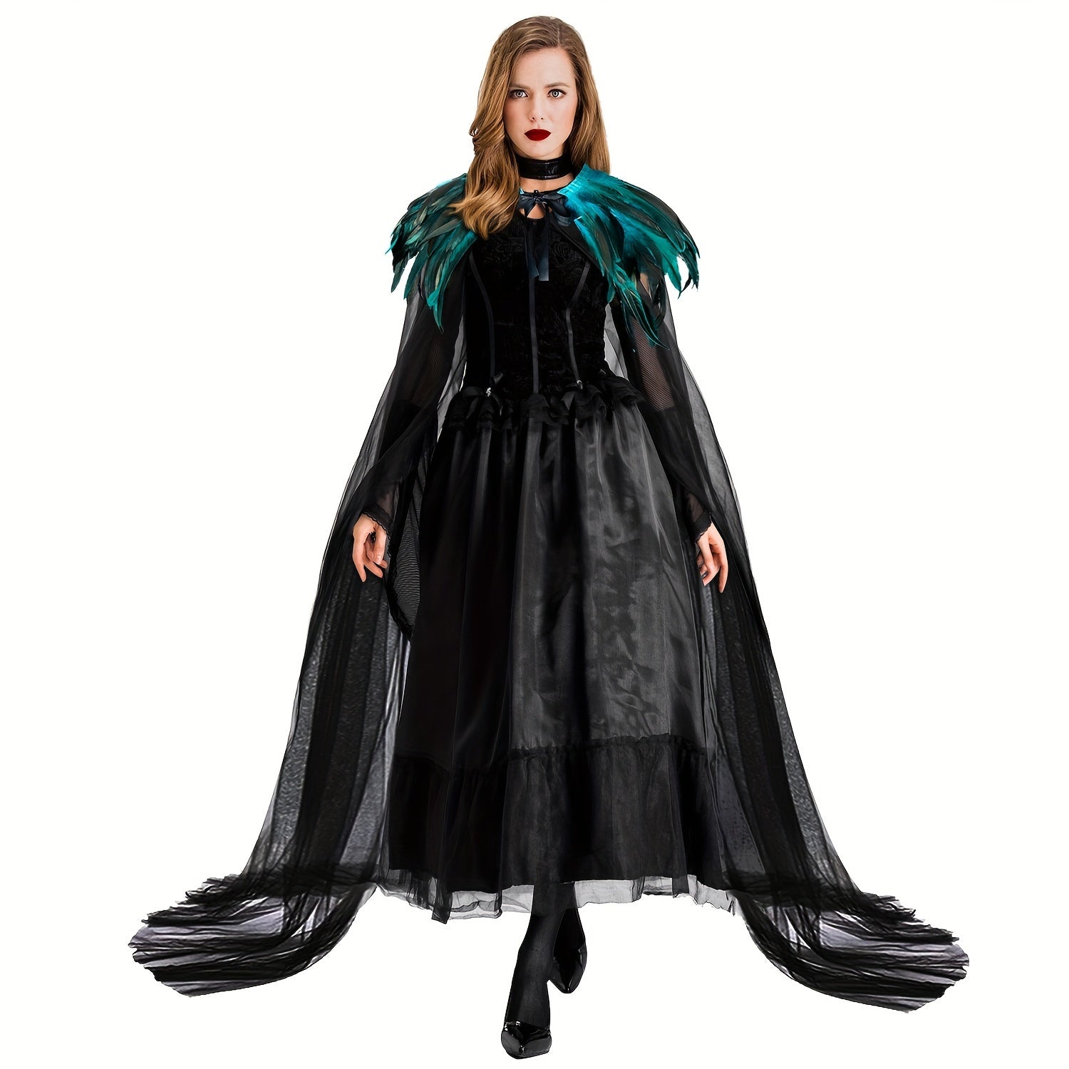 Evil Queen Witch Costume for Women with Feathered Cape Long Robe and Shawl