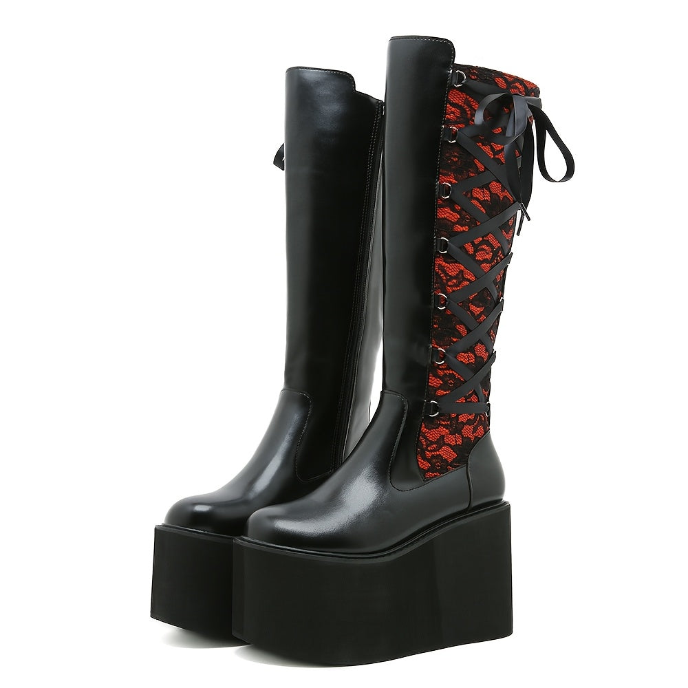 Women's Faux Leather Floral Lace-Up Knee-High Winter Boots Black Red Wedge