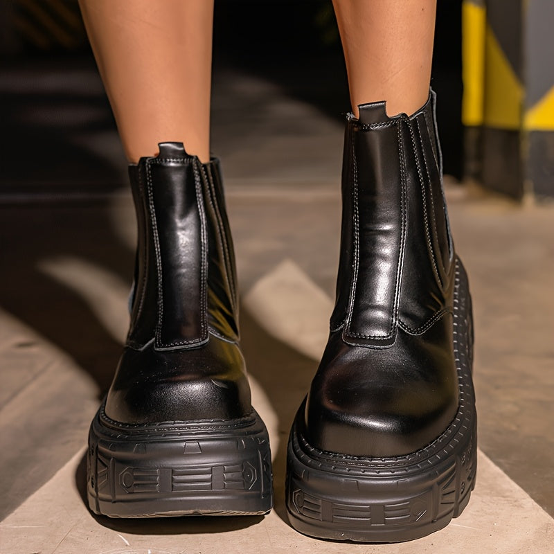 Women's Faux Leather Chunky Platform Ankle Boots with Thick Sole
