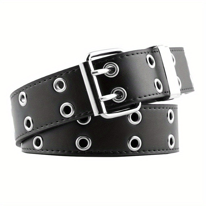 Unisex Black PU Leather Waistband with Double Pin Buckle and Eyelet Details for Punk Style