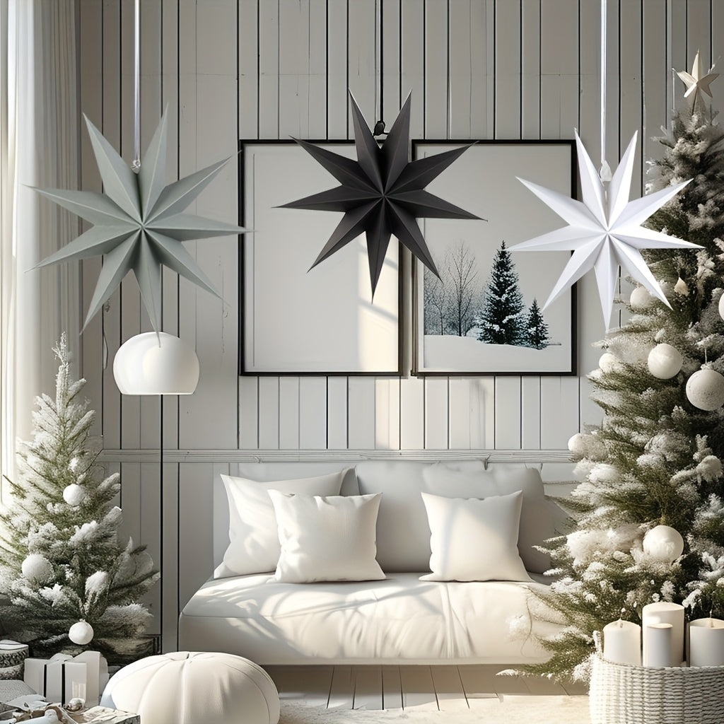 Set de 3 faroles de papel 3D en forma de estrella, decoraciones navideñas para interior, 30.48cm, negro, gris, blanco