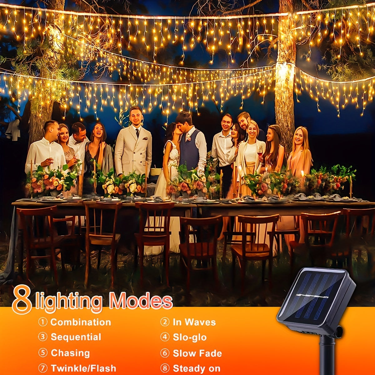 Luces de cadena solares para exteriores, 8 modos para jardín, patio, árbol, balcón, techo, pared, blanco cálido, blanco, multicolor