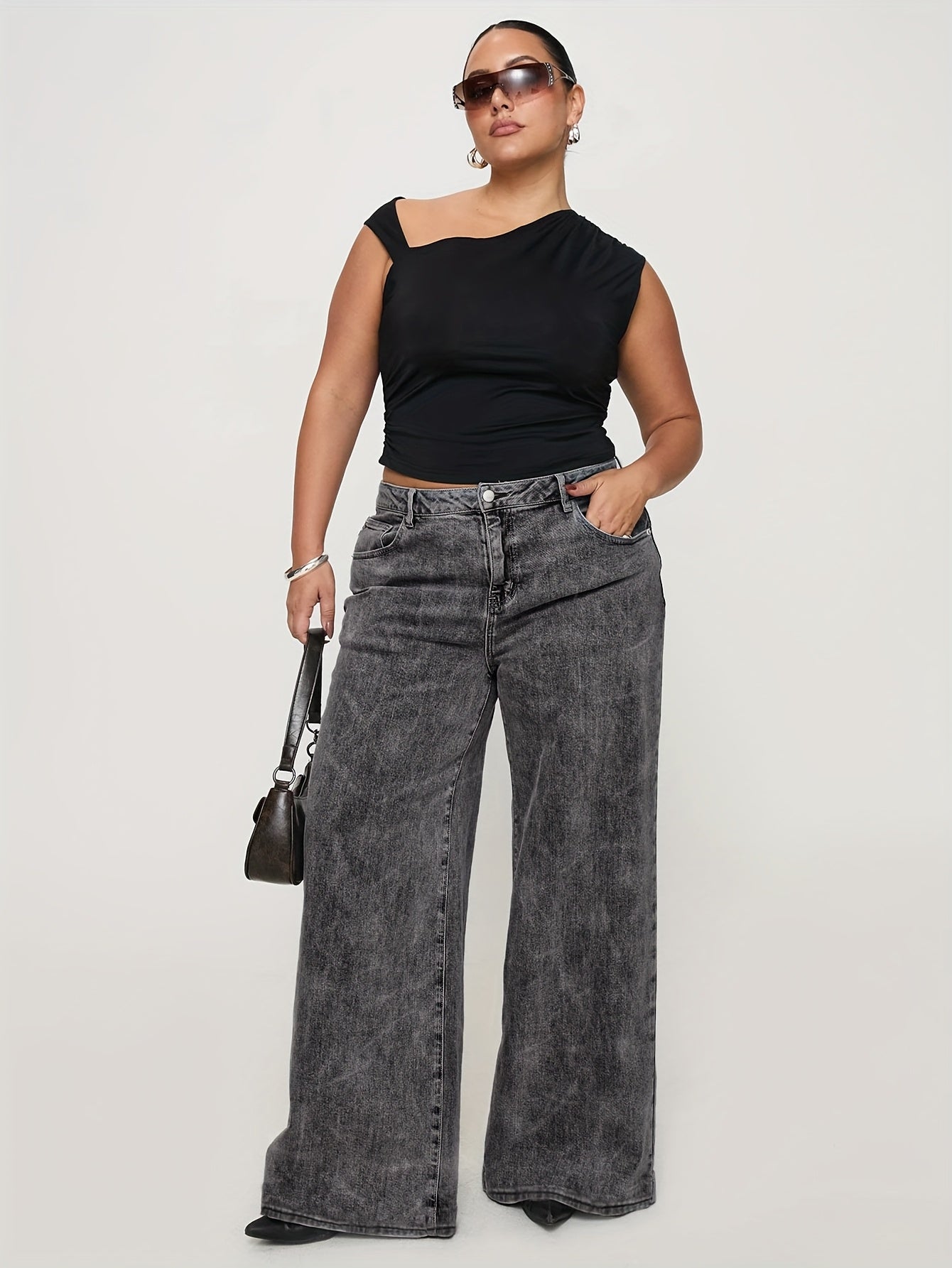 Women High Waist Stretch Denim Jeans Wide Leg Solid Color Casual