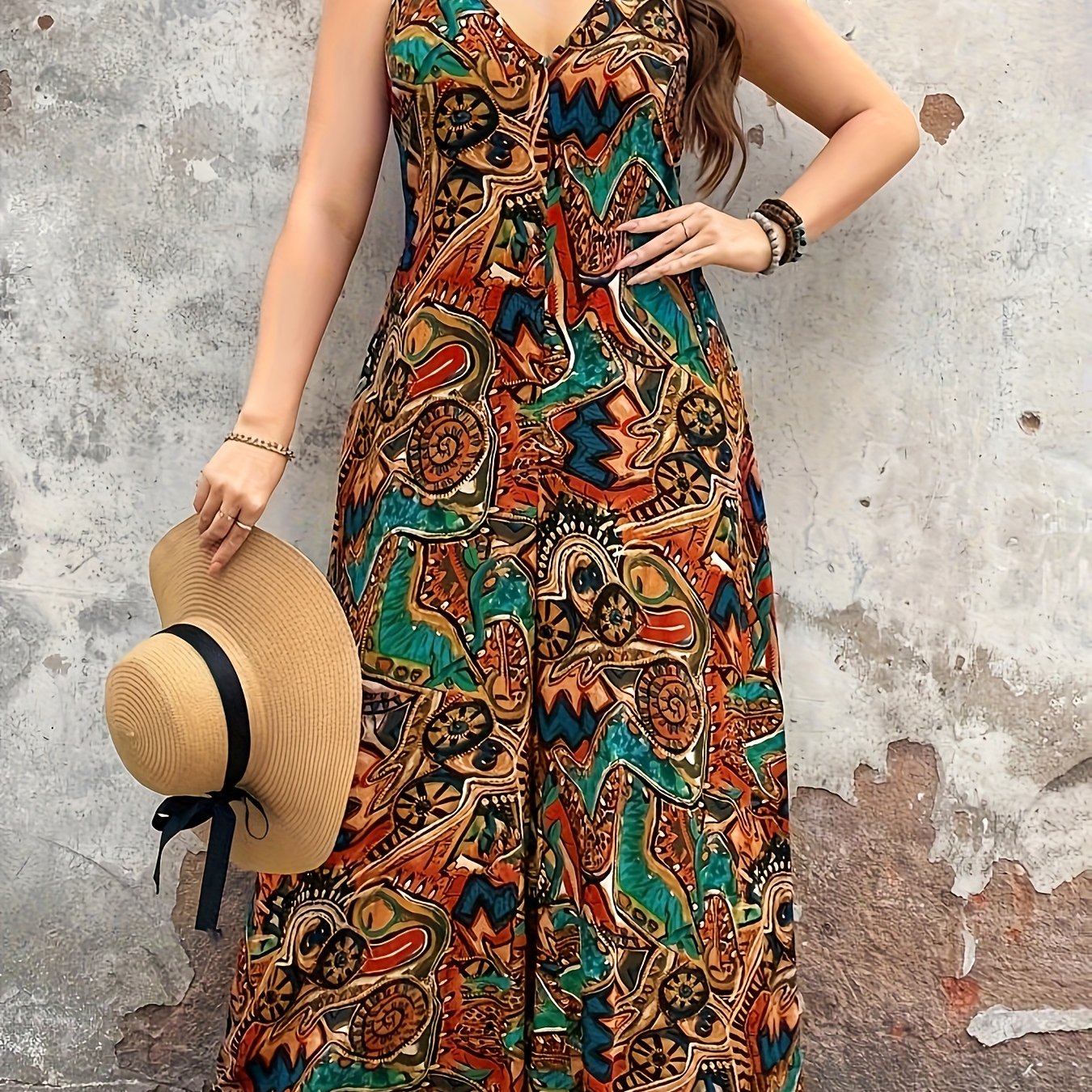 Plus Size Women's Linen V-Neck Sleeveless Jumpsuit with Floral Print