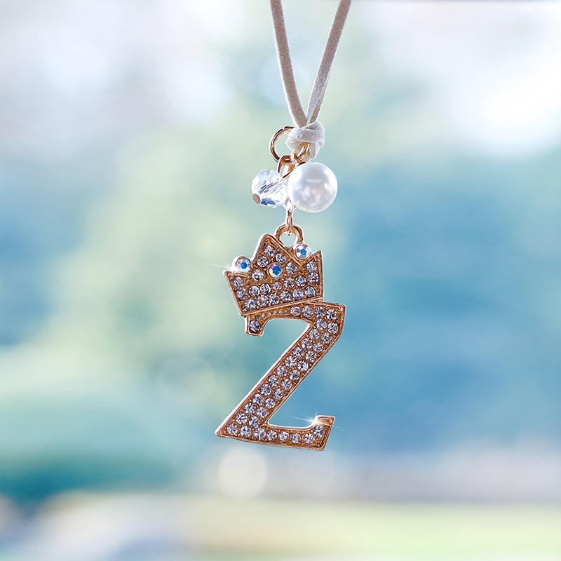 Alphabet Car Mirror Charm Set with Sparkling Crown Pendants for Vehicle Decoration