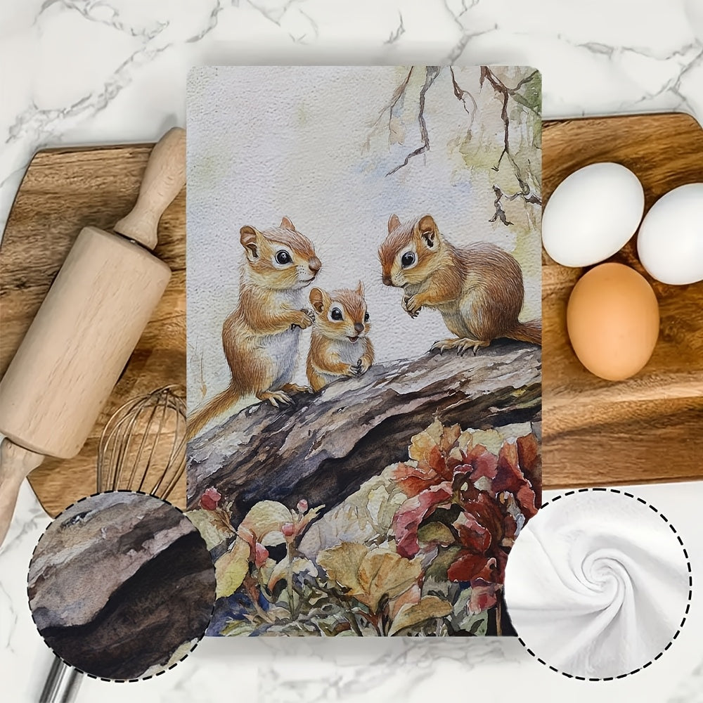 Coastal Style Chipmunk Kitchen Towels, 2 Pieces, Absorbent Polyester, 40x60 cm