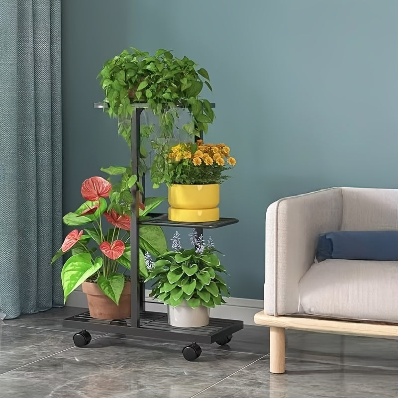 3-Tier Metal Plant Stand with Wheels White and Black Indoor Outdoor Flower Rack