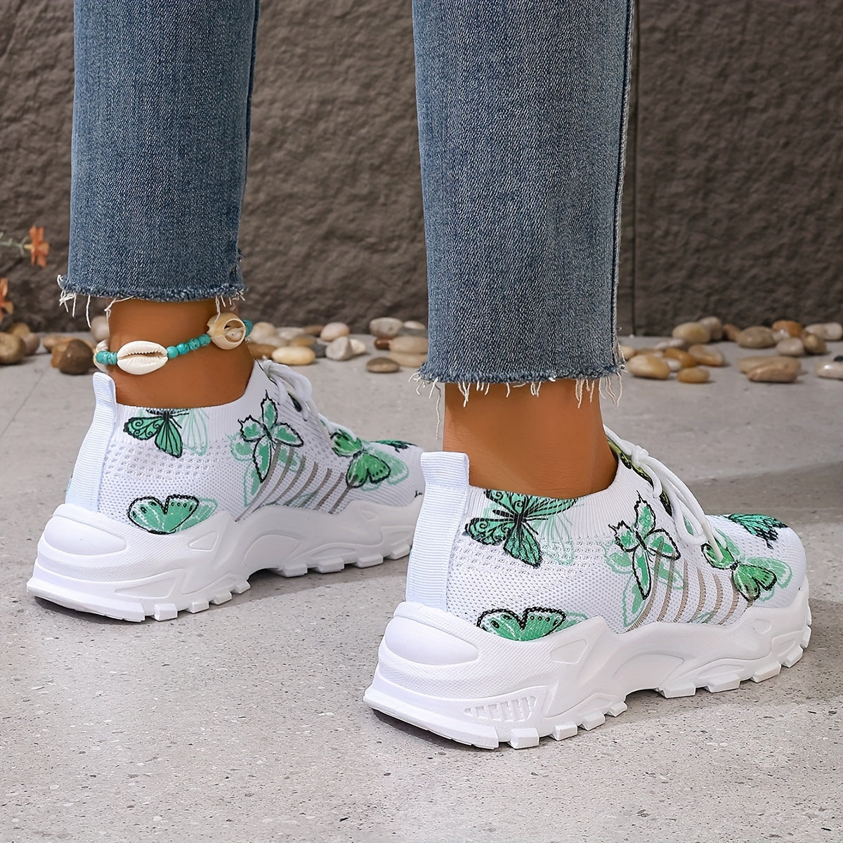 Women's Green Butterfly Pattern Sneakers Lightweight Breathable Running Shoes