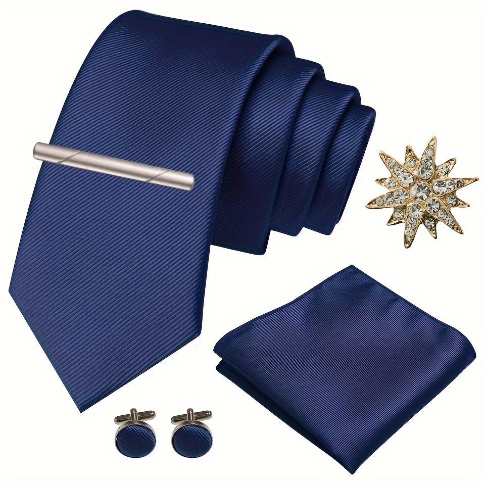 Erkaklar uchun satinning twill galstuk to'plami, galstuk klipi, cho'ntak sharlari, manşet o'rashlar va brosh uchun rasmiy tadbirlar