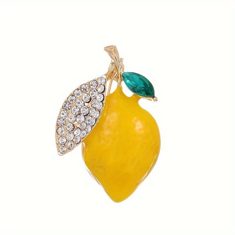 Unisex Lemon Brooch Pin in Korean Style with Rhinestones and Green Leaf Detail