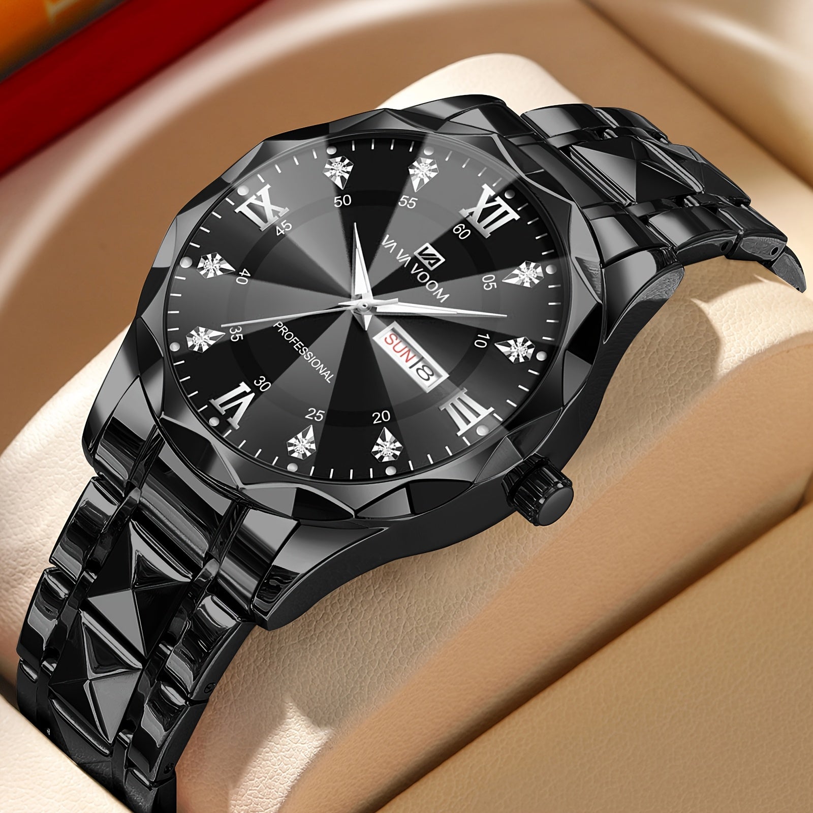 Men's Stainless Steel Watch with Night Glow Rhinestone Rivets Business Style