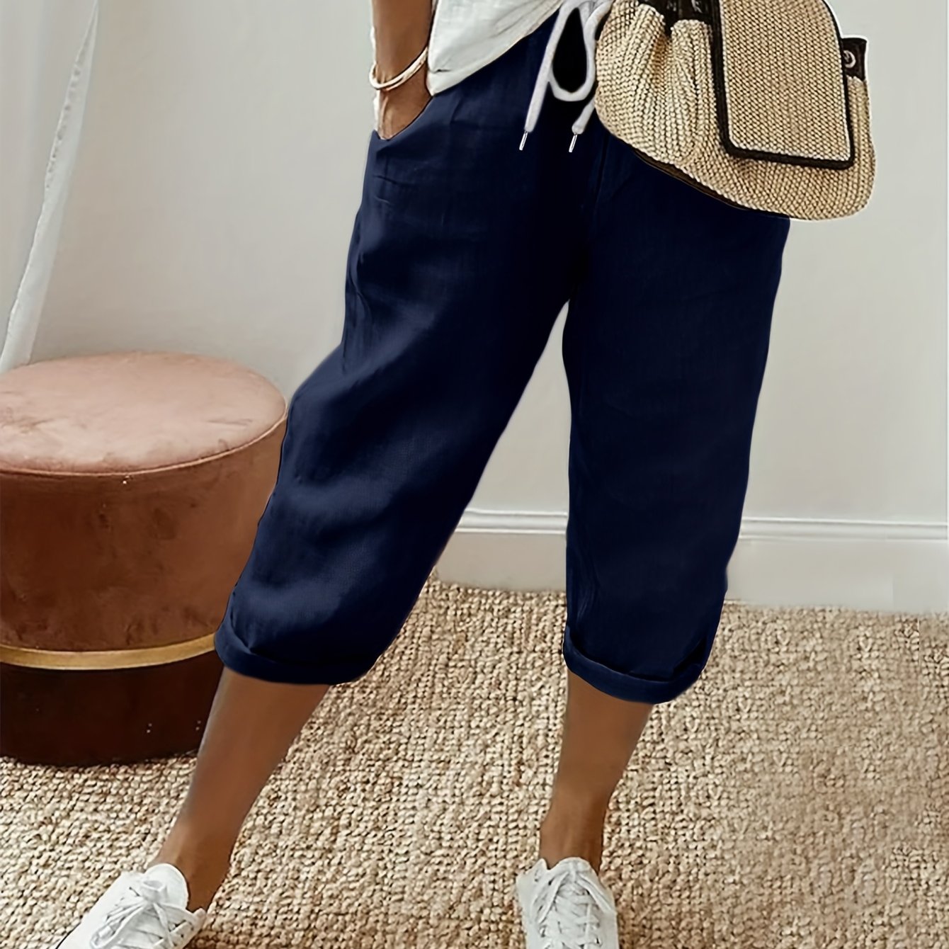 Капри для женщин больших размеров свободные с шнурком, повседневные, с эластичным поясом, летние