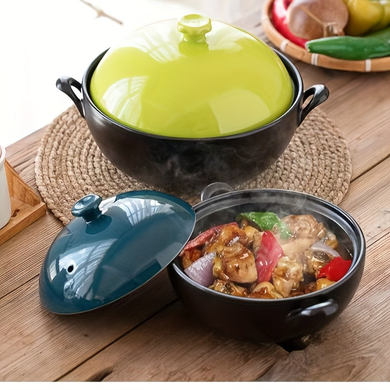 Ceramic Casserole Dish with Blue Lid 2000ml 67oz for High-Temperature Cooking