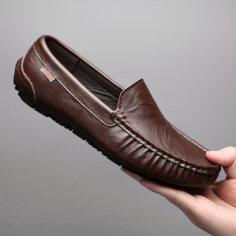 Men's Solid Leather Slip-On Loafer Shoes with Rubber Sole
