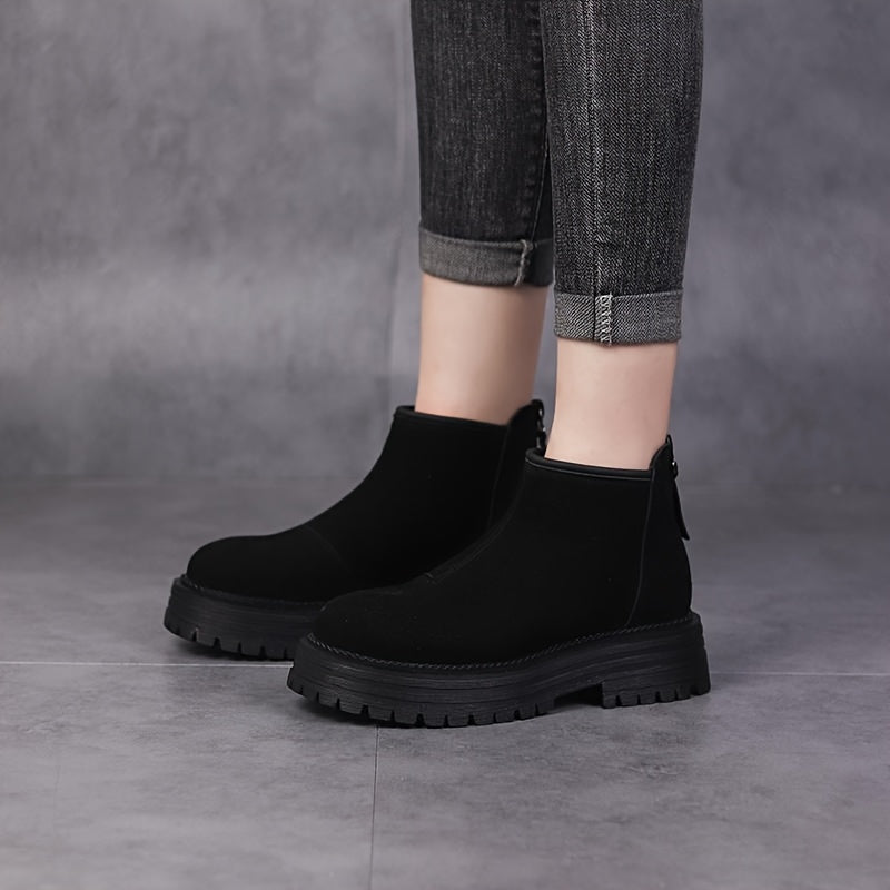 Ayollar uchun vintage ankle botinkalari, mato ustki qismi, dumaloq barmoq, past platforma to'pi, kauchuk taglik, zipper yopilishi, qo'lda yuvilishi mumkin - zamonaviy va ko'p qirrali.