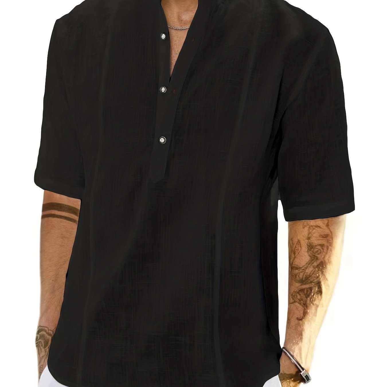 Мужская льняная хлопковая рубашка Henley темно-синего цвета для лета, повседневная, свободного кроя, увеличенного размера