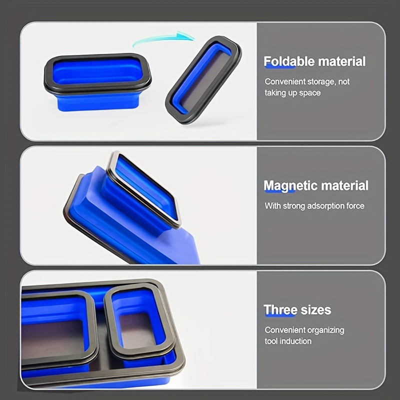 3Pc Magnetic Collapsible Parts Tray Set Silicone Tool Store Organizer