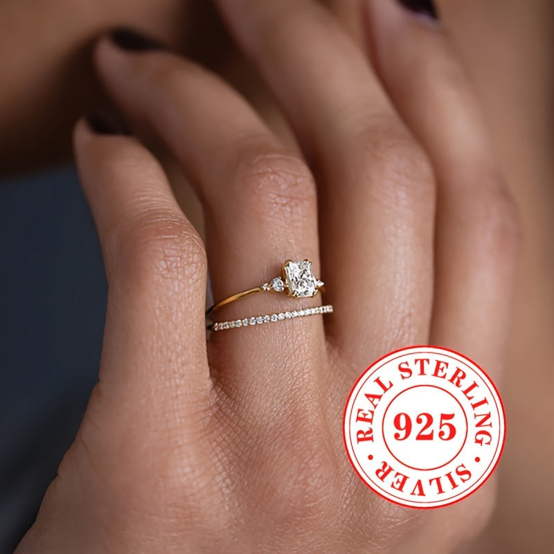 Women’s Sterling Silver Engagement Ring with Square Zirconia for Weddings and Anniversaries