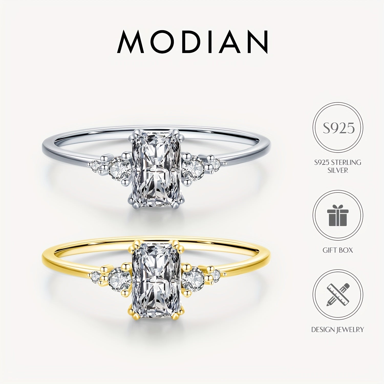 Sterling Silver Rectangle Zirconia Ring for Women Wedding Jewelry