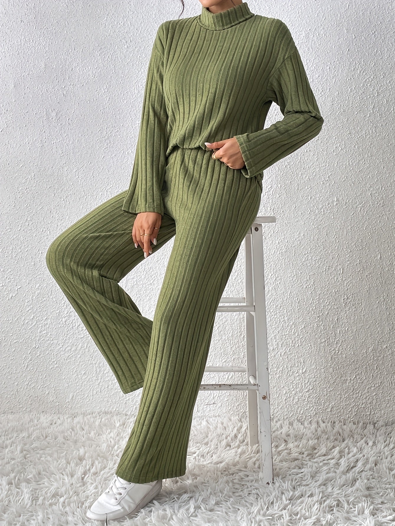 Women's Casual Knit Two-Piece Suit with Fur-Trimmed High Collar Long Sleeve Top and Loose Trousers