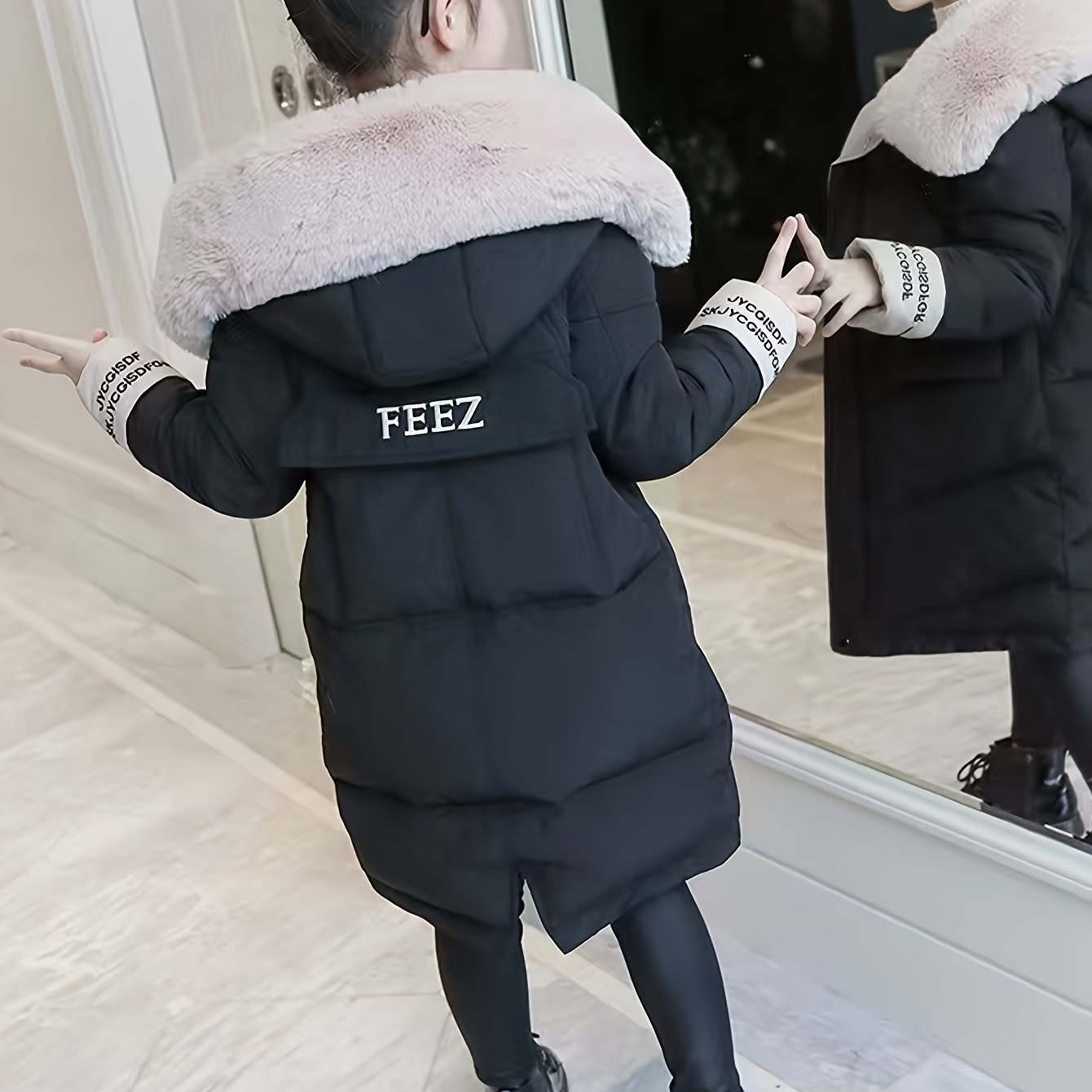 Girls Winter Puffer Coat with Faux Fur Hood Embroidered Alphabet Skinny Fit