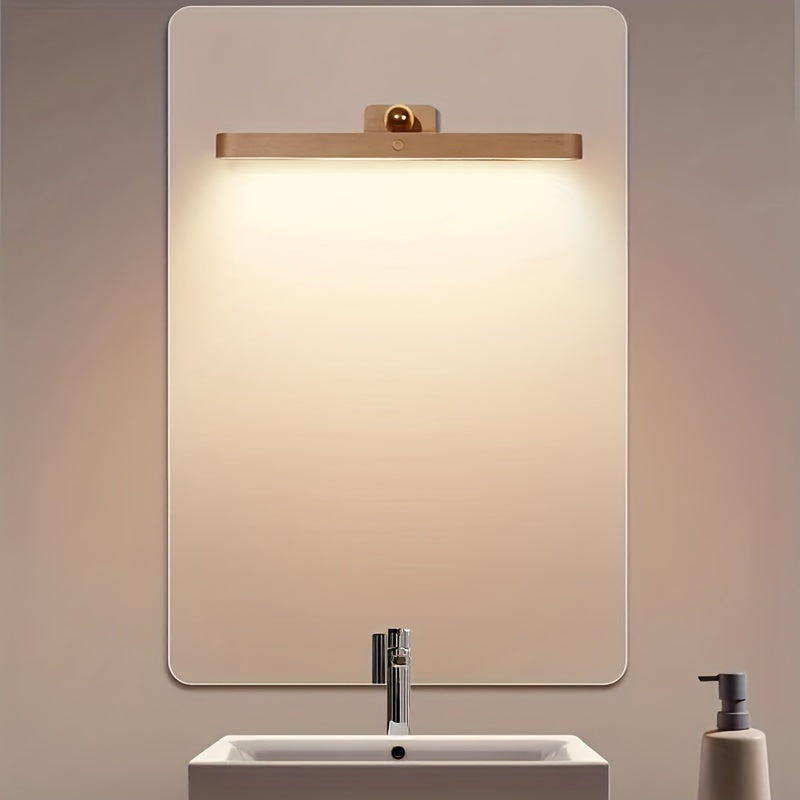 Rechargeable LED Night Light with Wooden Frame and Mirror Front Wall Mountable Bedside Lamp