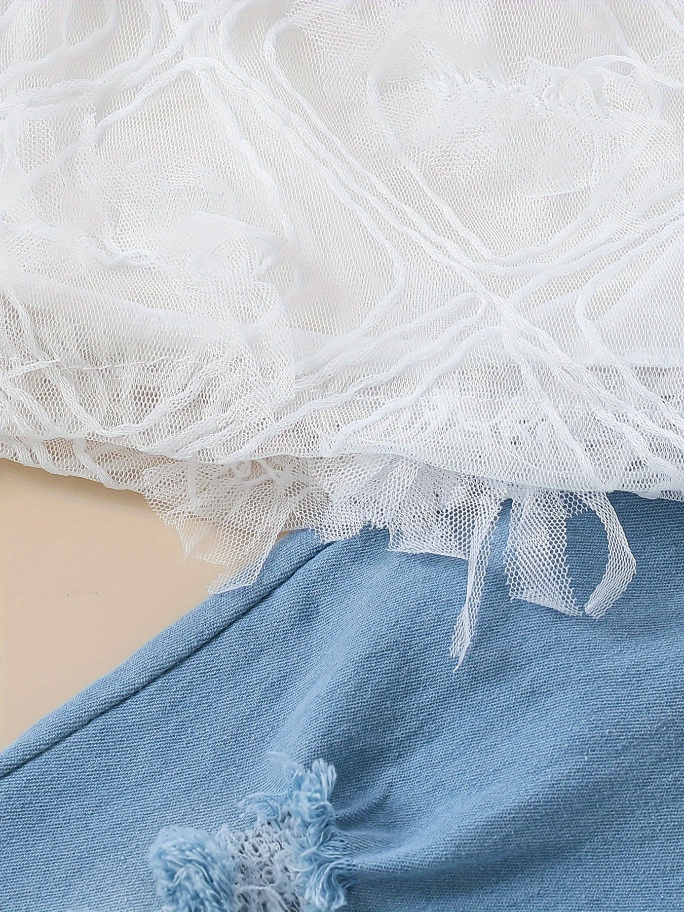 Girls Summer Outfit Off-Shoulder White Lace Top Blue Tulle Flared Pants Polyester